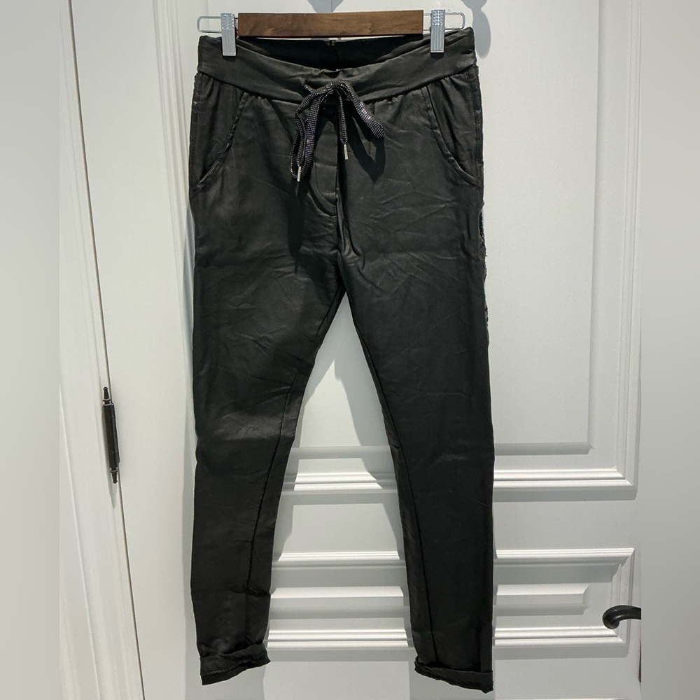 Venti6 Vegan Leather Crinkle Drawstring Pants